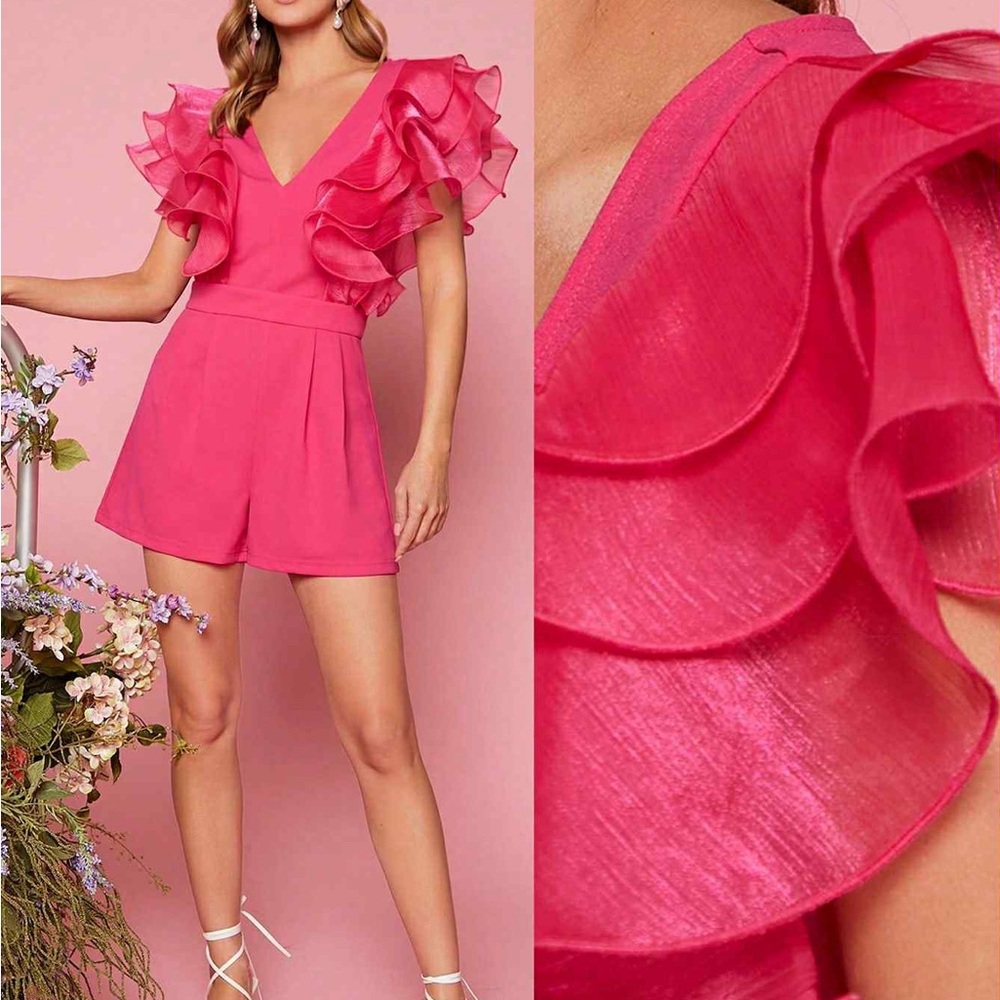 SHEIN Hot Pink Romper Frilly Sleeve Detail NWOT
